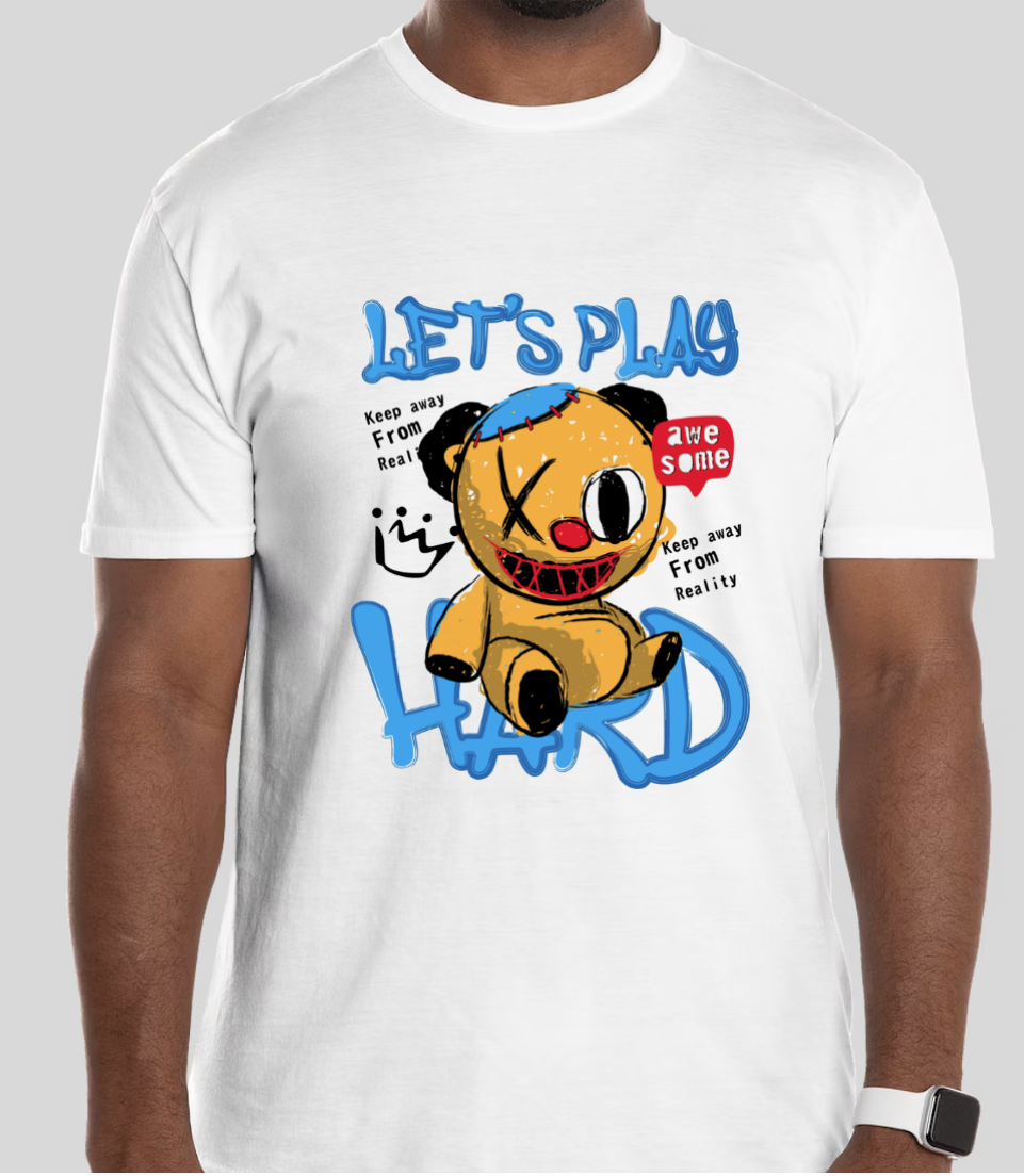 "Let's Play Hard" Graffiti-Style Teddy Bear T-Shirt | Streetwear | Trendy Urban Tee