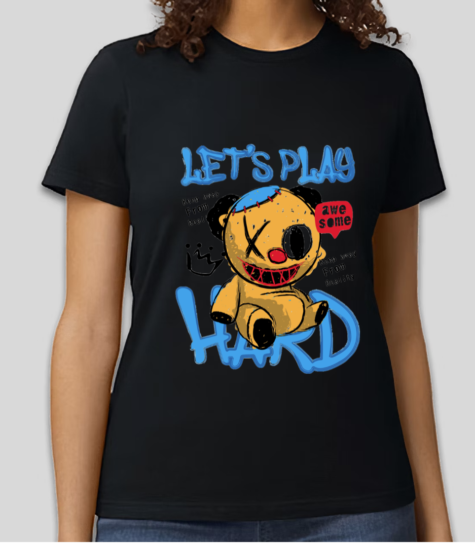 "Let's Play Hard" Graffiti-Style Teddy Bear T-Shirt | Streetwear | Trendy Urban Tee